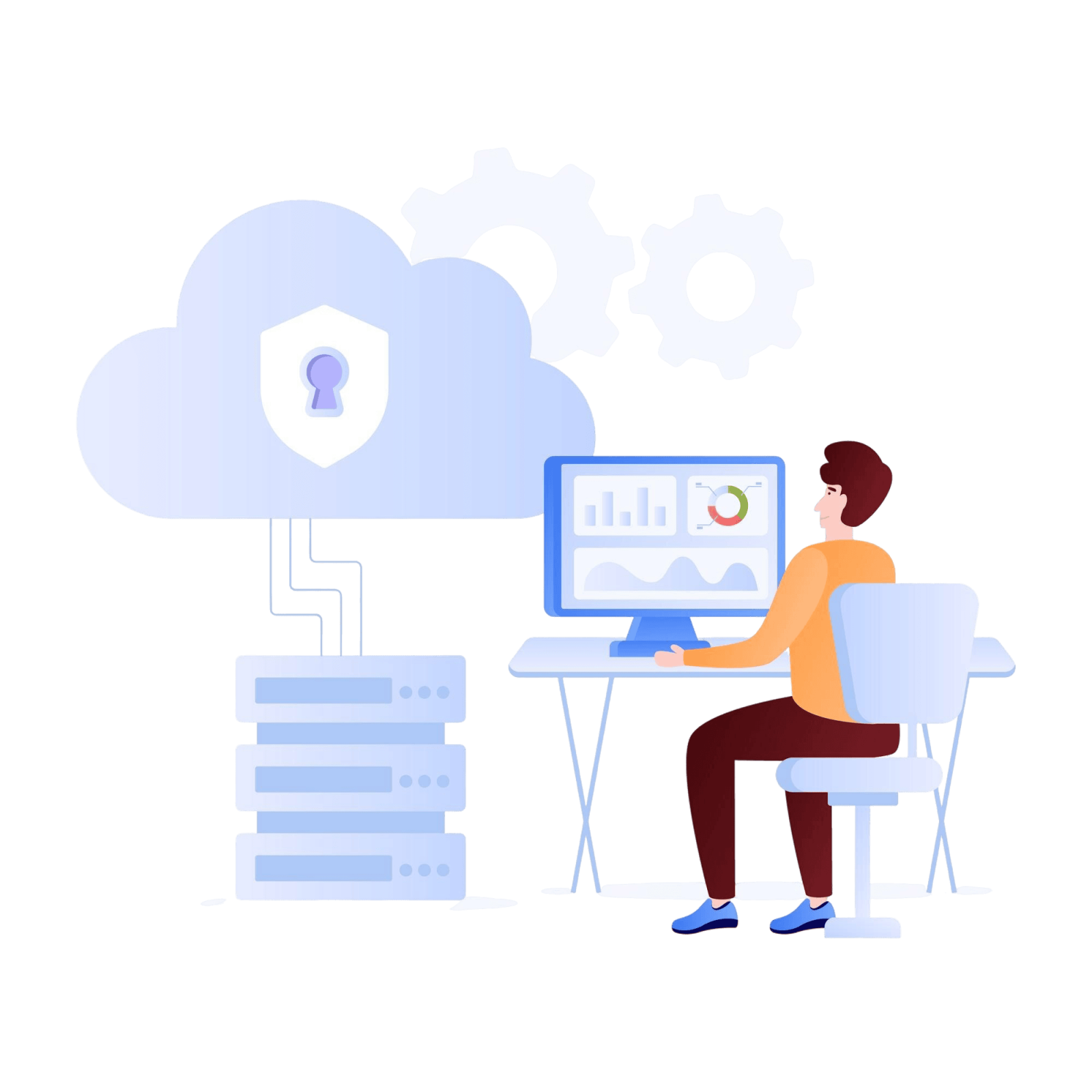 Osoba za računarom povezana na siguran cloud server